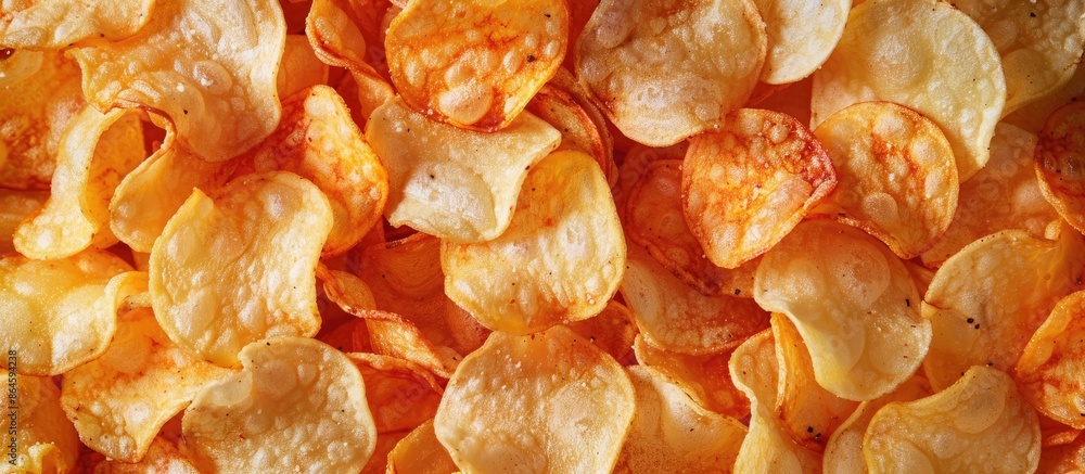 Top view banner with a background of crispy potato chips, creating a fresh snack atmosphere in the image's copy space. Top view banner with a background of crispy potato chips, creating a fresh snack atmosphere in the image's copy space.