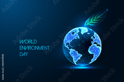 World Environment Day, sustainability futuristic concept depicts Earth and green leaf as apple shape