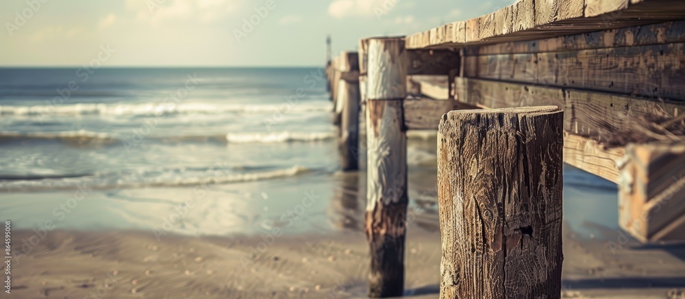 On a sunny day, the weathered pier pillars lean towards the beach in the background, providing a copy space image with selective focus. On a sunny day, the weathered pier pillars lean towards the beach in the background, providing a copy space image with selective focus.