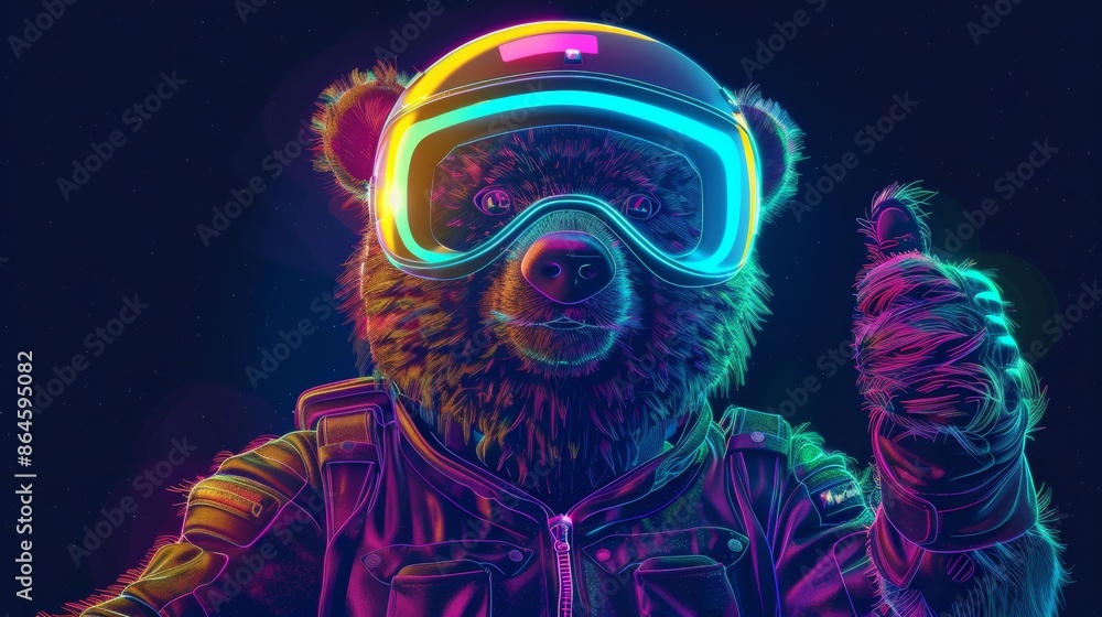 A neon vector image of a cute bear in a motorcycle helmet giving a thumbs up. A neon vector image of a cute bear in a motorcycle helmet giving a thumbs up.