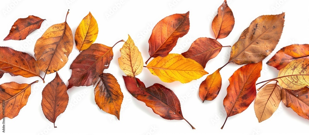 Autumn-themed dry leaves in shades of orange, yellow, and brown, isolated on a white background for a copy space image. Autumn-themed dry leaves in shades of orange, yellow, and brown, isolated on a white background for a copy space image.