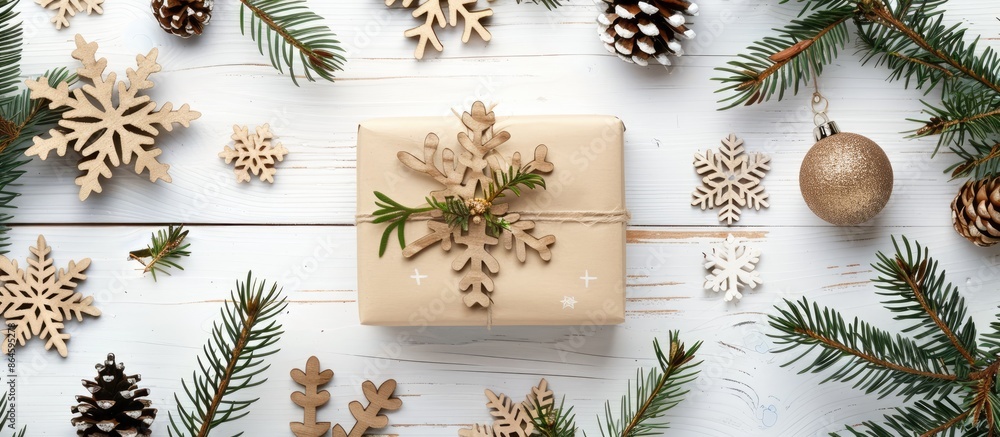 A festive Christmas composition featuring a gift surrounded by wooden snowflakes, pine cones, and fir branches on a white wooden surface, perfect for a top view flat lay image with copy space. A festive Christmas composition featuring a gift surrounded by wooden snowflakes, pine cones, and fir branches on a white wooden surface, perfect for a top view flat lay image with copy space.