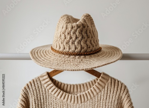 Beige Knit Cardigan and Straw Hat Hanging on a White Rack