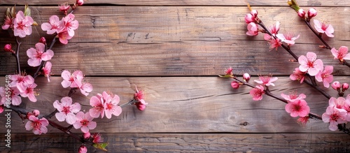 Cherry blossoms blooming with a wooden backdrop providing copy space image.