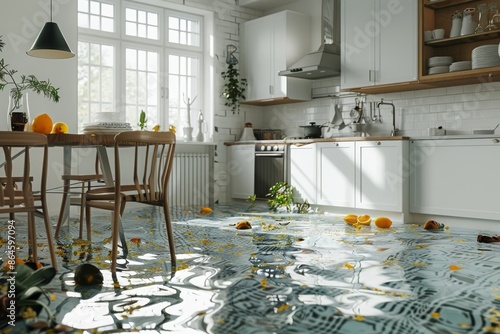 Flooded floor in kitchen from water leak.