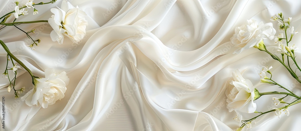 Elegant white silk fabric offers a pristine backdrop for wedding decor against a copy space image. Elegant white silk fabric offers a pristine backdrop for wedding decor against a copy space image.