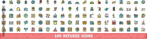 100 refugee icons set. Color line set of refugee vector icons thin line color flat on white
