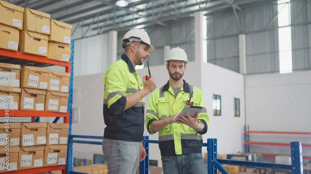 Two professional warehouse worker men hold tablet and discuss about work together also stay in front of shelves with product boxes. Two professional warehouse worker men hold tablet and discuss about work together also stay in front of shelves with product boxes.