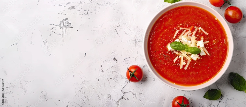 Tomato soup homemade topped with fresh cheese, blank background space for text and images available. Copy space image. Place for adding text and design