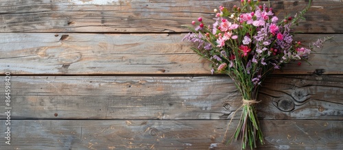 Small bouquet of Kalimeris indica flowers on aged rustic wood background with copy space image. photo