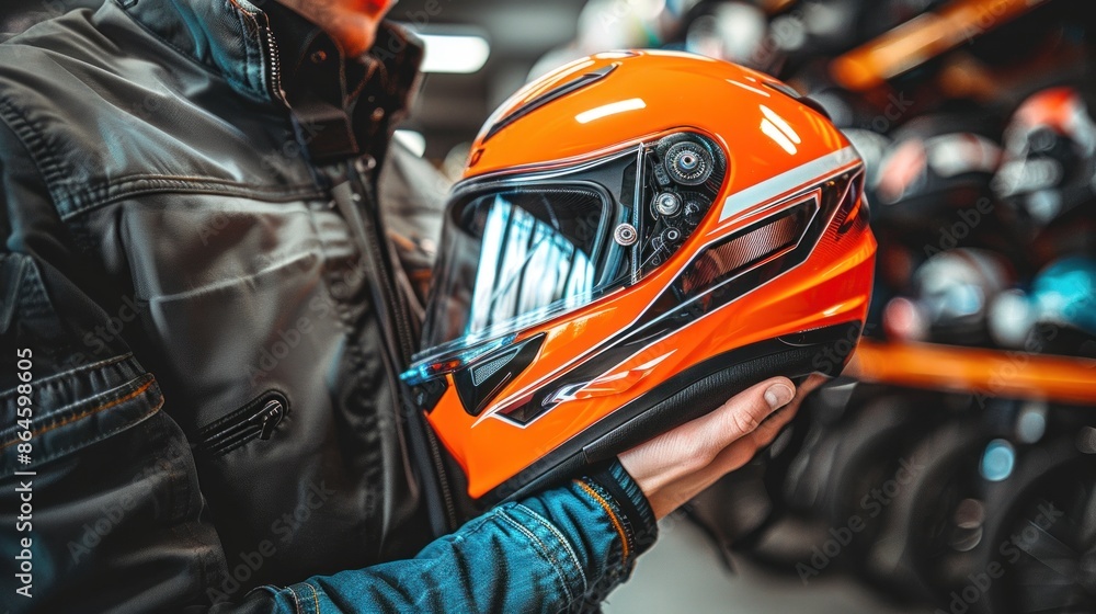 Person in a motorcycle shop holding an orange full-face helmet, examining it closely. Person in a motorcycle shop holding an orange full-face helmet, examining it closely.