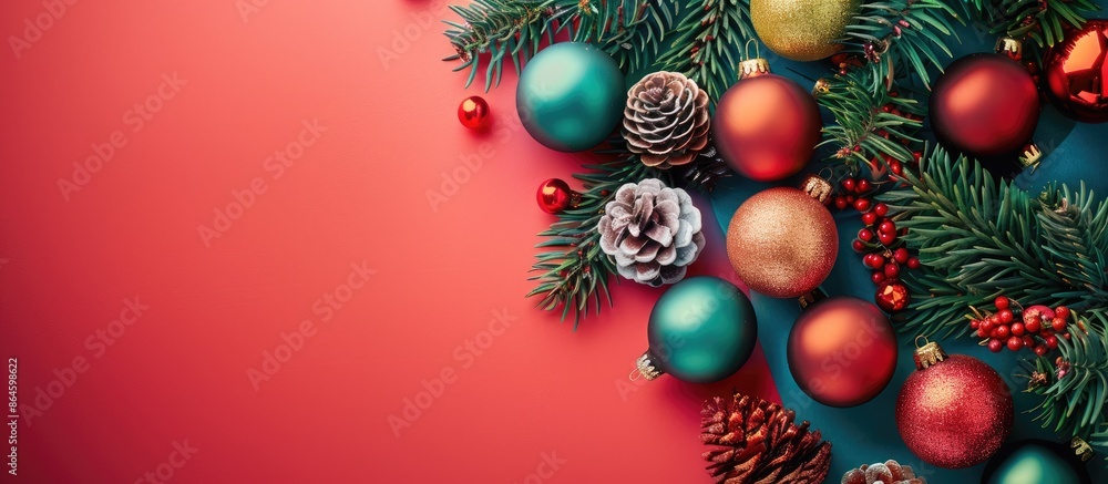 Festive New Year decorations, including a Christmas tree ornament, displayed against a colored background, providing a vibrant copy space image. Festive New Year decorations, including a Christmas tree ornament, displayed against a colored background, providing a vibrant copy space image.