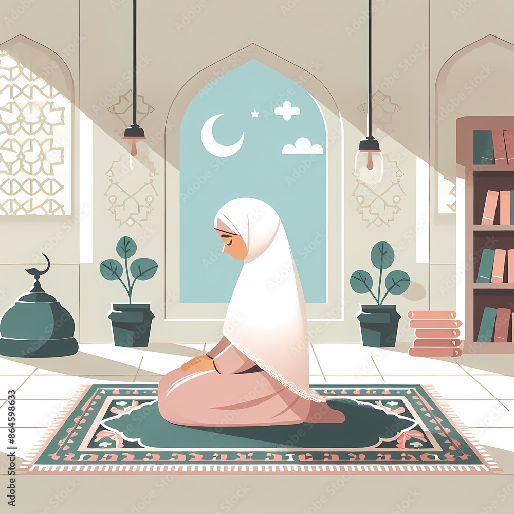 Muslim Woman Praying at Home Illustration Muslim Woman Praying at Home Illustration