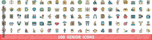 100 senior icons set. Color line set of senior vector icons thin line color flat on white
