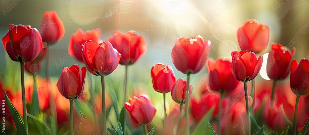 Fototapeta premium Red tulips offer a soft touch in a garden field with blurred backdrop and gentle sunlight, perfect for a horizontal floral poster, wallpaper, or holiday card. They belong to the lily family and make