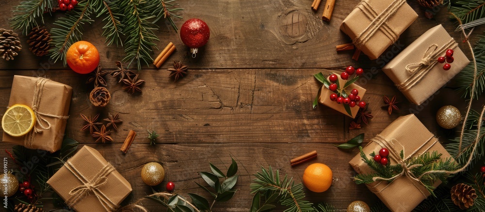 Gift boxes decorated with natural elements on a wooden backdrop for a modern Christmas. A seasonal greeting card and the arrangement allows for copy space image. Gift boxes decorated with natural elements on a wooden backdrop for a modern Christmas. A seasonal greeting card and the arrangement allows for copy space image.