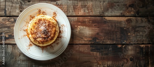 Top view of a saucer dessert on a wooden backdrop with ample copy space image. photo