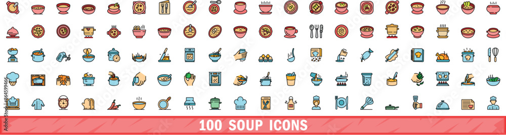 100 soup icons set. Color line set of soup vector icons thin line color flat on white 100 soup icons set. Color line set of soup vector icons thin line color flat on white