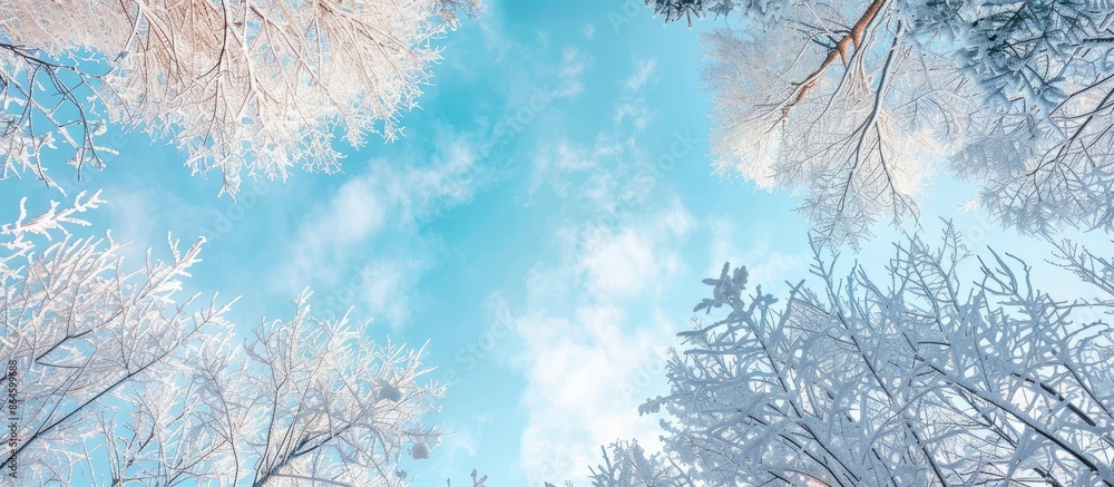 Scenic winter day with tree branches overhead against a backdrop of blue sky, creating a picturesque copy space image. Scenic winter day with tree branches overhead against a backdrop of blue sky, creating a picturesque copy space image.