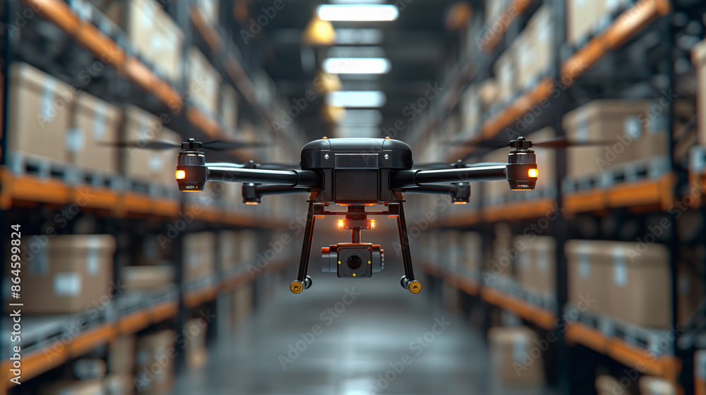 A black drone with a camera floats through a warehouse, showcasing the towering shelves and bustling activity A black drone with a camera floats through a warehouse, showcasing the towering shelves and bustling activity