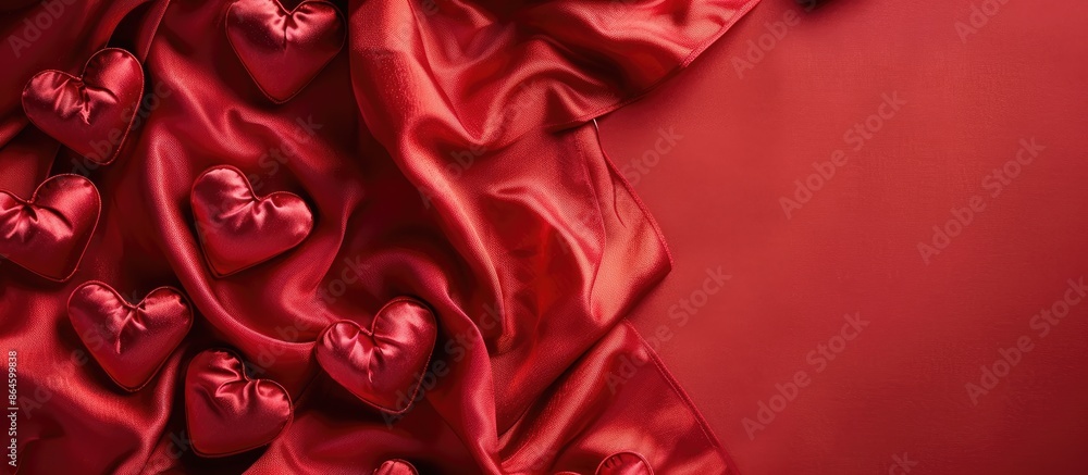 Top-down view of Valentine's Day hearts on a red fabric backdrop on a greeting card, with room for adding text or images. Copy space image. Place for adding text and design Top-down view of Valentine's Day hearts on a red fabric backdrop on a greeting card, with room for adding text or images. Copy space image. Place for adding text and design