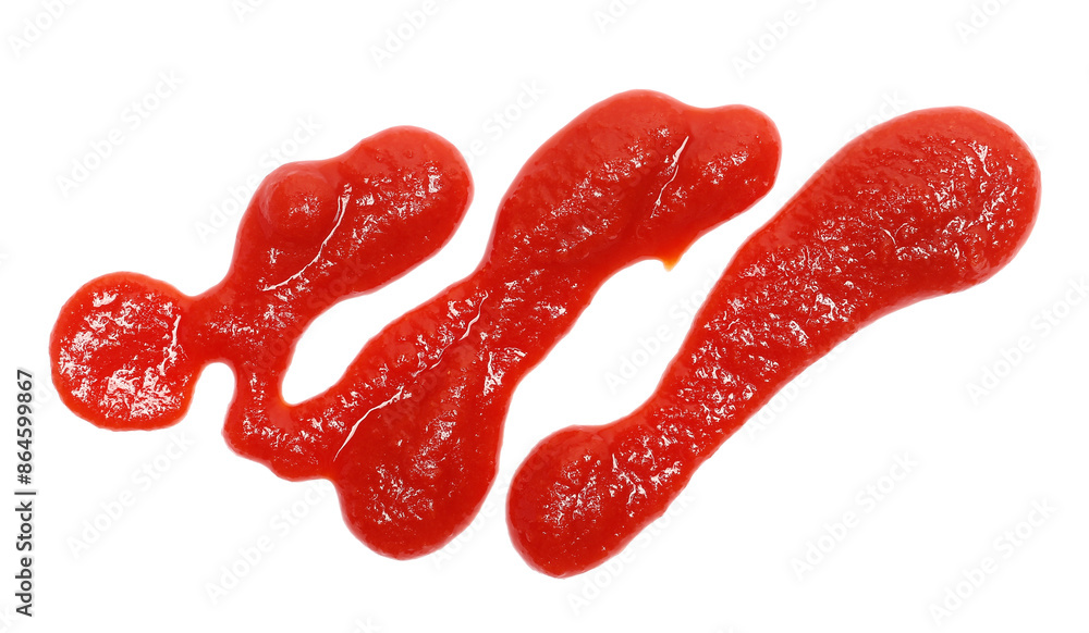 Ketchup, tomato sauce, droplets isolated on white background, top view Ketchup, tomato sauce, droplets isolated on white background, top view