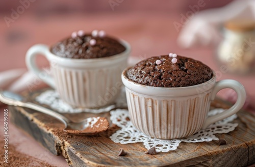 Chocolate Mug Cakes on Wooden Cutting Board With Lace Doily