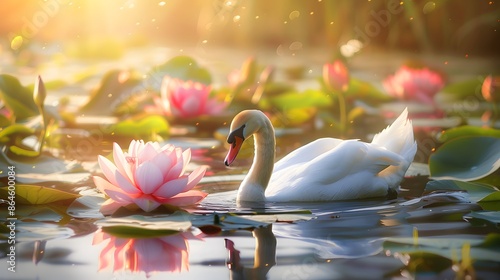 swan are swimming in the water,sun light reflect like that sunset with lotus ,lily flower
 photo