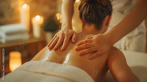 Relaxation woman back massage with masseur in cosmetology spa centre.