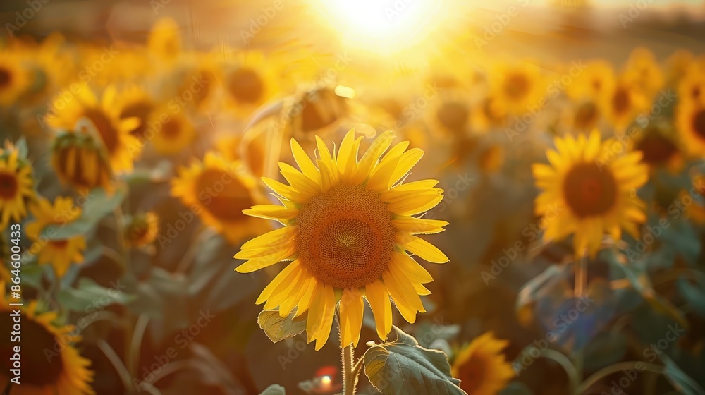 Fototapeta premium A field of bright yellow sunflowers facing the sun