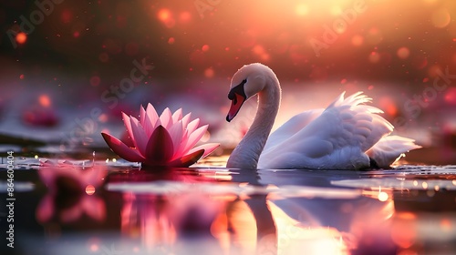 swan are swimming in the water,sun light reflect like that sunset with lotus ,lily flower
 photo