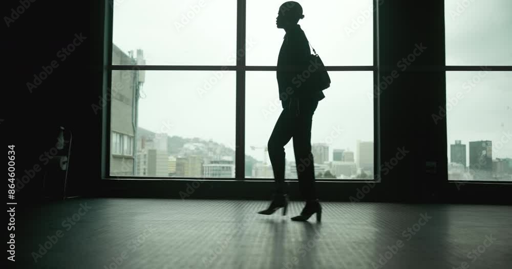 Office, walking and silhouette of woman in window, thinking and business in law firm. Female lawyer, ready and lobby in building for scheduled meeting, professional and employee in workplace Office, walking and silhouette of woman in window, thinking and business in law firm. Female lawyer, ready and lobby in building for scheduled meeting, professional and employee in workplace