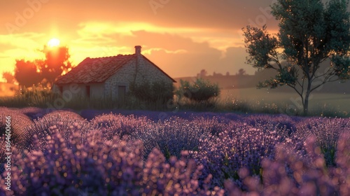 A field of lavender at dawn with a farmhouse in the background photo