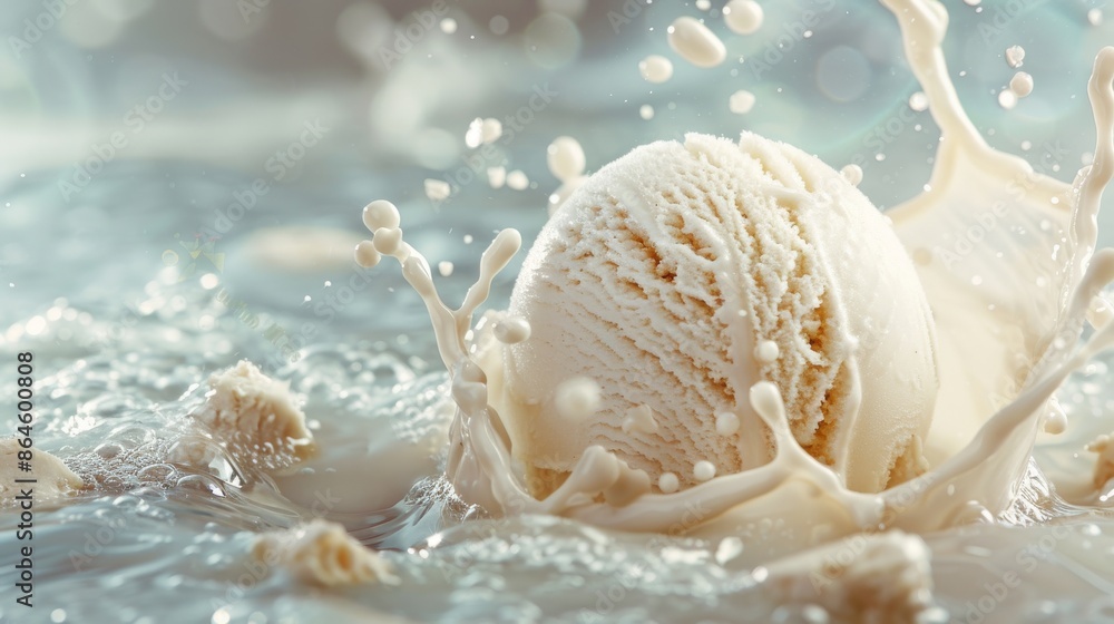 A scoop of vanilla ice cream splashed with vanilla, isolated on a plain background. A scoop of vanilla ice cream splashed with vanilla, isolated on a plain background.