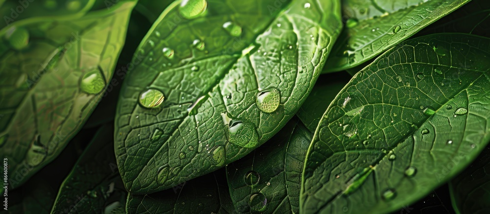 Fototapeta premium Leaf background with water droplets, ideal as a natural wallpaper, featuring green leaves for a serene copy space image.