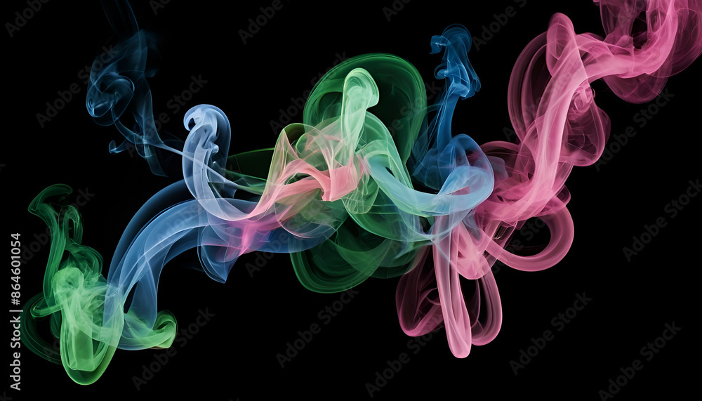 An abstract composition of colorful smoke trails in shades of pink, green, and blue, gracefully intertwining on a black background, creating a visually rich and textured backdrop. An abstract composition of colorful smoke trails in shades of pink, green, and blue, gracefully intertwining on a black background, creating a visually rich and textured backdrop.