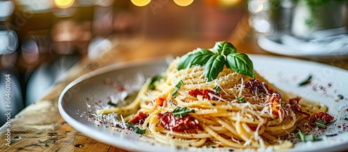 Exquisite presentation of a pasta dish featuring tasty spaghetti with sun-dried tomatoes and parmesan cheese on a wooden table in a restaurant with closeup copy space image. photo