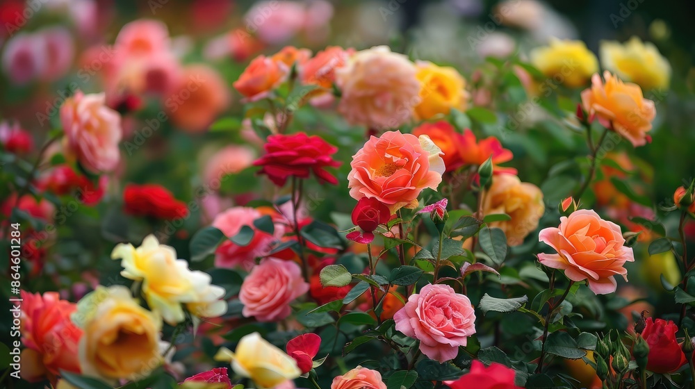 A garden full of blooming roses in various colors A garden full of blooming roses in various colors