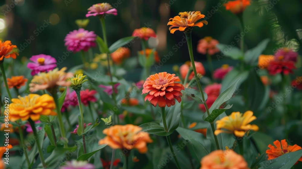 A garden filled with colorful zinnias in various stages of bloom A garden filled with colorful zinnias in various stages of bloom