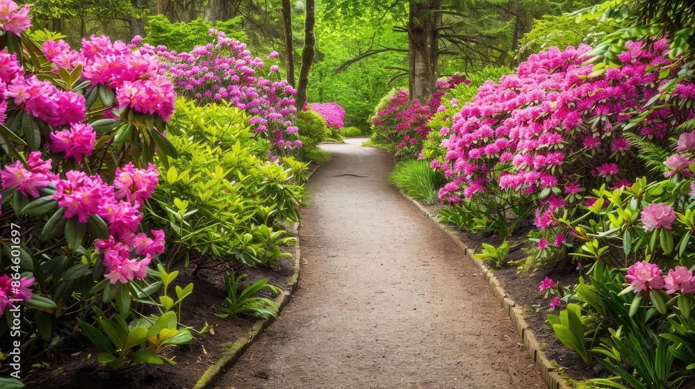 A garden path lined with blooming rhododendrons A garden path lined with blooming rhododendrons