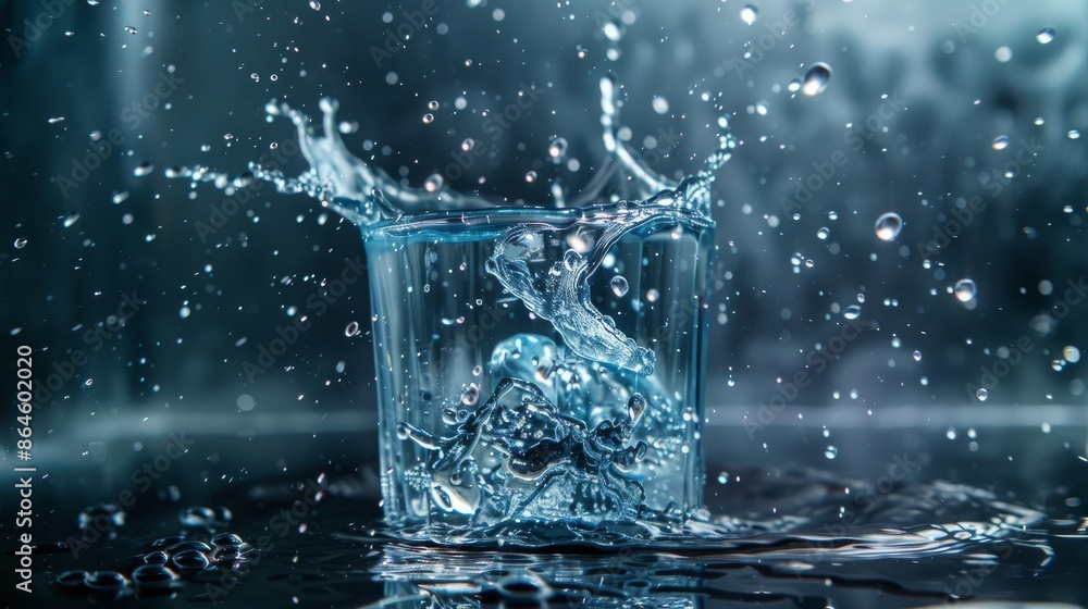 A blue drop of water splashes in a glass. A blue drop of water splashes in a glass.