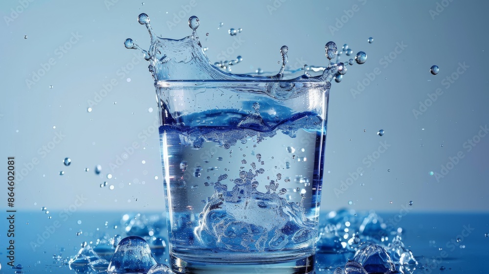 A blue drop of water splashes in a glass. A blue drop of water splashes in a glass.