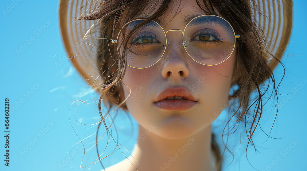 サングラスと麦わら帽子の女性