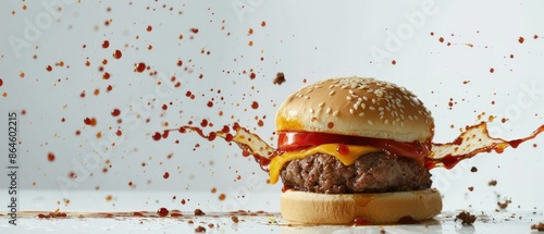 Juicy burger with cheese and ketchup, surrounded by splashes of sauce. photo