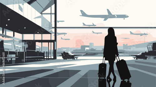 A young woman is walking to boarding with a suitcas
