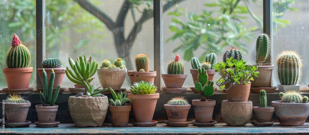 Cactus in pots create a charming indoor garden. The diverse plants thrive, forming a delightful natural floral display perfect for a banner with copy space image. Cactus in pots create a charming indoor garden. The diverse plants thrive, forming a delightful natural floral display perfect for a banner with copy space image.