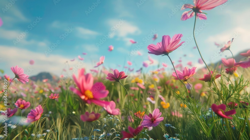 A meadow filled with colorful cosmos flowers swaying in the wind A meadow filled with colorful cosmos flowers swaying in the wind