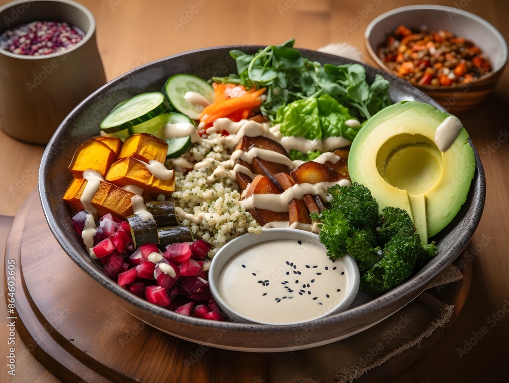 Colorful vegan Buddha bowl with fresh vegetables, quinoa, and avocado. Colorful vegan Buddha bowl with fresh vegetables, quinoa, and avocado.
