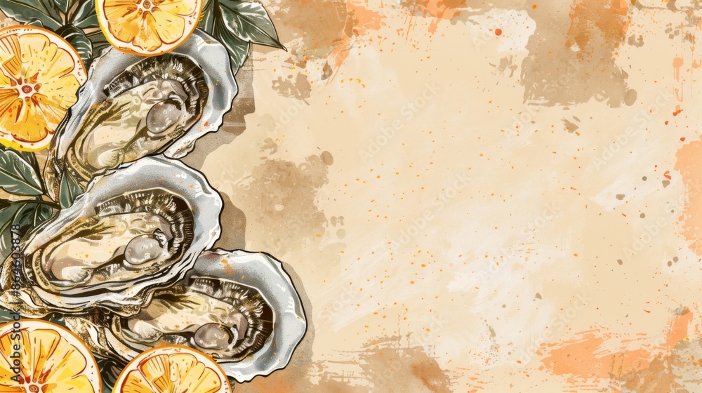 Horizontal banner. National Oyster Day. Fresh oysters with lemon and herbs, light background. Flat illustration, free space for text. For menus, posters, banners, flyers, restaurant design Horizontal banner. National Oyster Day. Fresh oysters with lemon and herbs, light background. Flat illustration, free space for text. For menus, posters, banners, flyers, restaurant design
