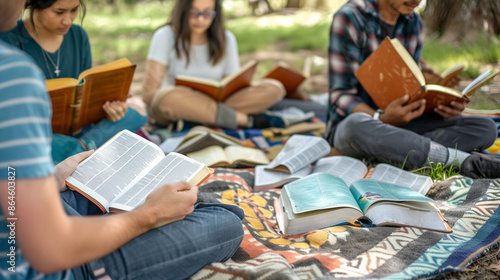 a detailed image of a Bible study group meeting outdoors, sitting on blankets with Bibles in hand, church, Studying, Group Of People, Community, Meeting, Bible, with copy space